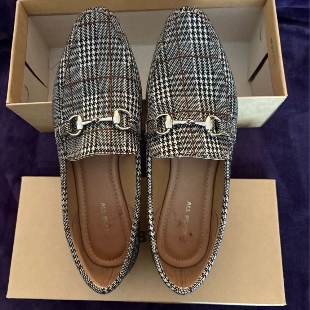 All Black Plaid Slip-On Loafers with Silver Bit - Black/Brown Women’s 38